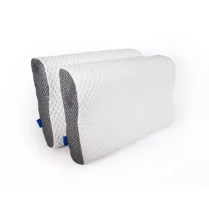 Dos almohadas ergonómicas NUBOLAB blancas con cubierta acolchada y detalles grises, sobre fondo blanco.